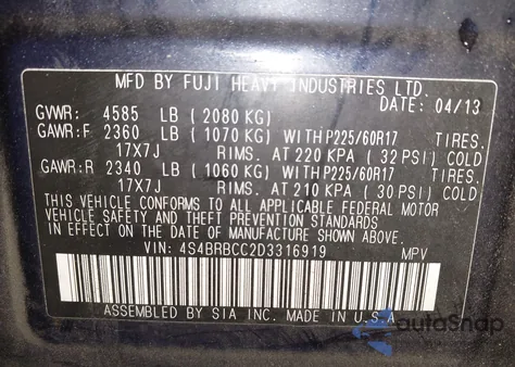 2013 Subaru Outback 2.5I Premium from USA, damaged, VIN 4S4BRBCC2D3316919